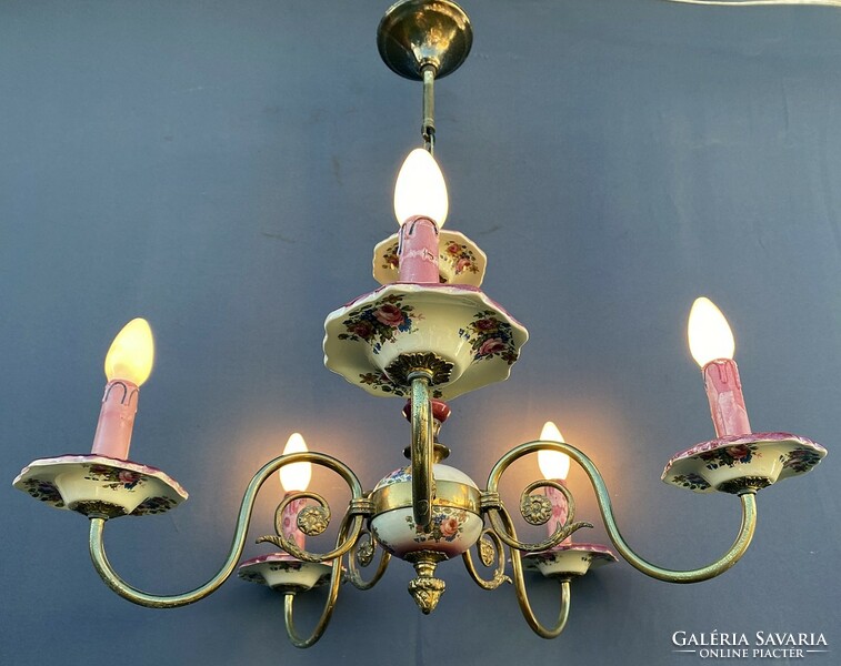 Red majolica painted chandelier, there are 2 pairs.