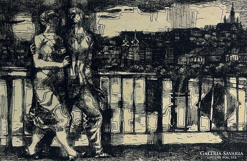 Mária Túry (1930-1992) Couple walking across a bridge (etching) /invoice provided/