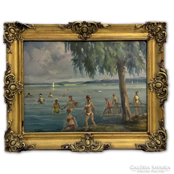 Unknown Hungarian painter: Balaton Bathers (oil on cardboard) /invoice provided/