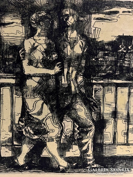 Mária Túry (1930-1992) Couple walking across a bridge (etching) /invoice provided/