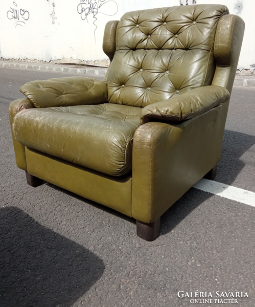 Extra olive green stitched Scandinavian leather armchair and footrest