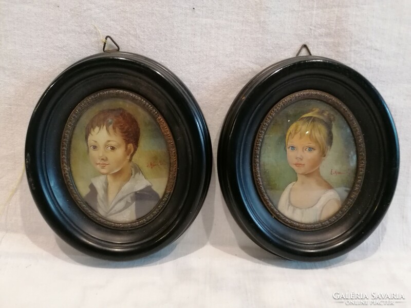 Antique Bieder child portrait paintings in pairs