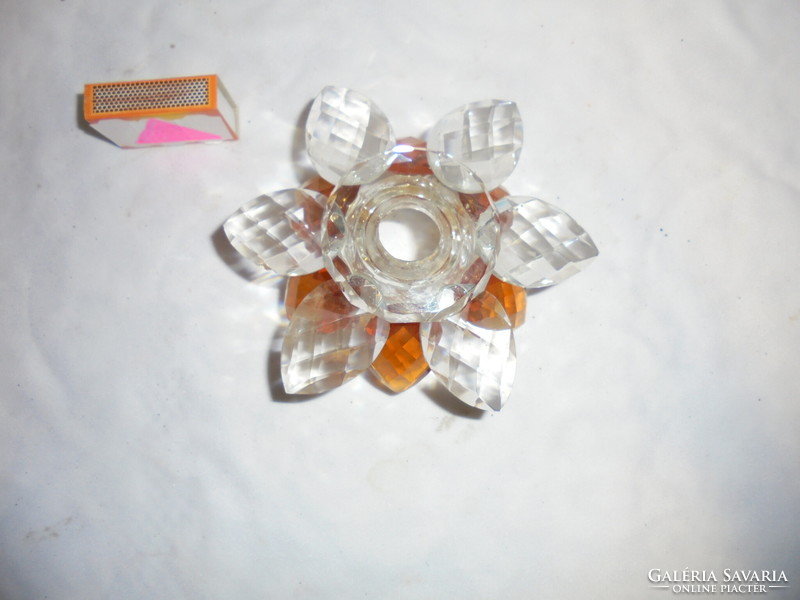 Old glass water lily candle holder, table decoration or letter weight - white, amber color