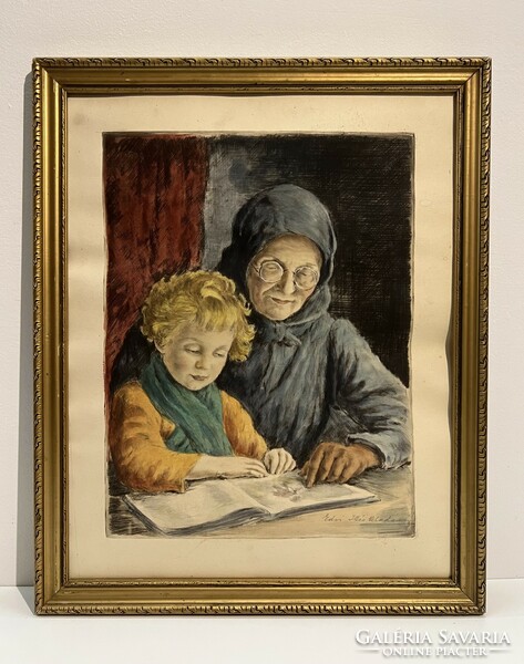 Aladárné illes Edvi (1877-1963) with her grandmother's granddaughter (etching) /invoice provided/