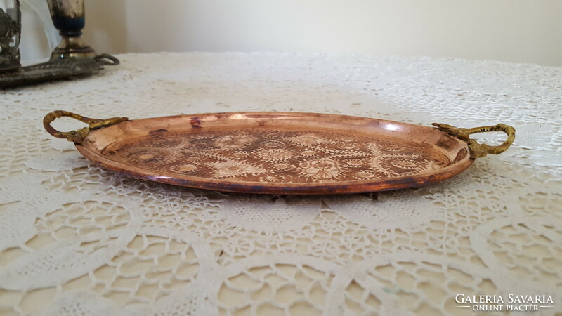 Small chiseled copper tray with decorative brass handles