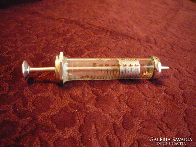 Old medical 10 ml glass syringe with metal holder, case 2210 29