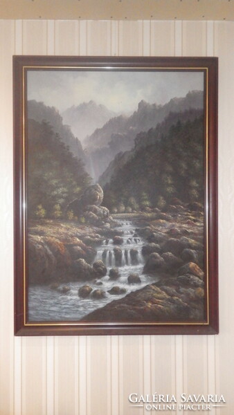 Park Joung Do (?) tájkép festmény patak , vízesés