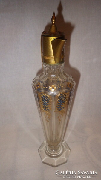 Szépséges aranyozott antik Biedermeier üveg karaffa réz szerelékkel