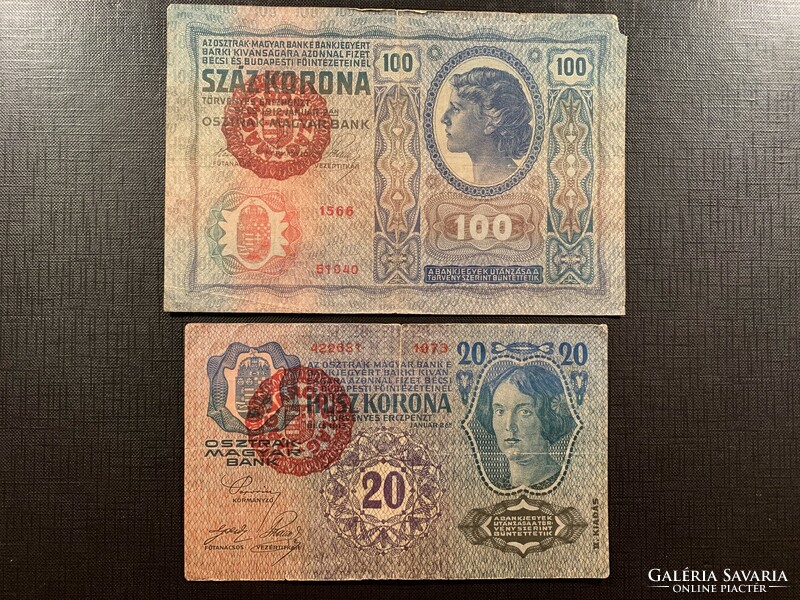 ***   RITKA 1912-1913-as MAGYAR bélyegzett 20 és 100 korona  ***