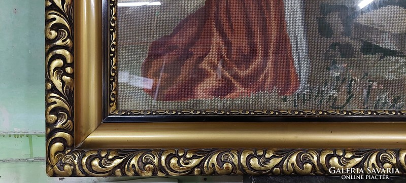 Old gold-wood glazed picture frame with tapestry, frame 60x90 cm