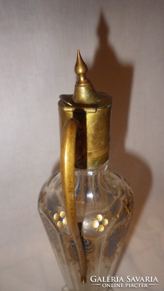 Beautiful gilded antique Biedermeier glass decanter with copper fittings