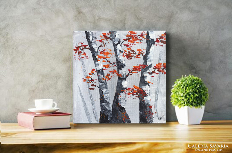 Red edit: birch trees abstract landscape n2106 20x20cm