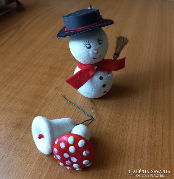 Old cotton wool snowman mushroom and bell Christmas decoration