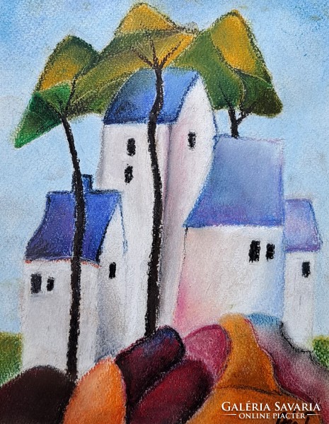 Fairytale town - colorful pastel in a frame, ács t. With signal