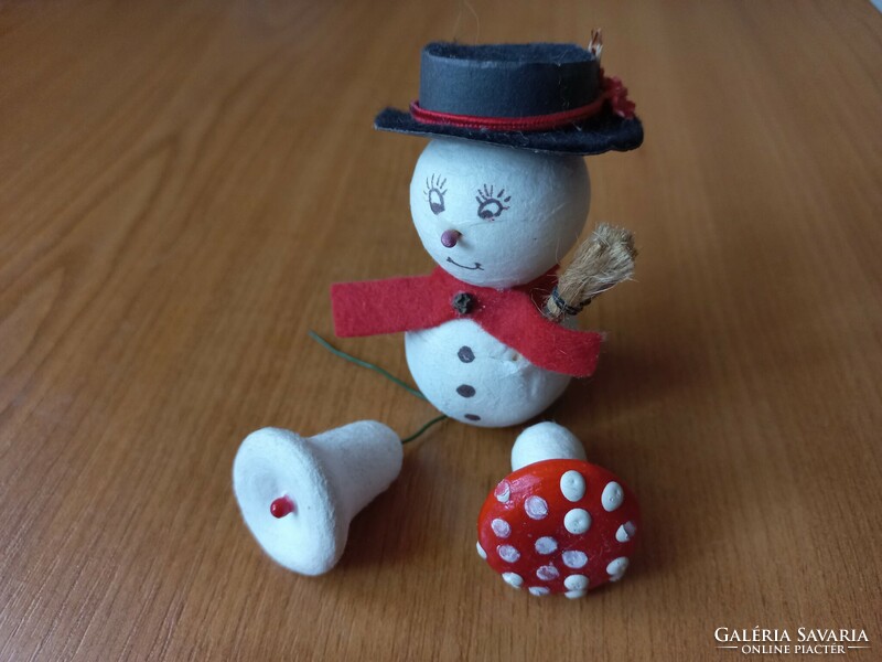 Old cotton wool snowman mushroom and bell Christmas decoration