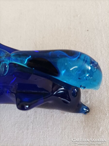 Kobalt kék üveg delfin figura, díszüveg, levélnehezék, íróasztal dísz
