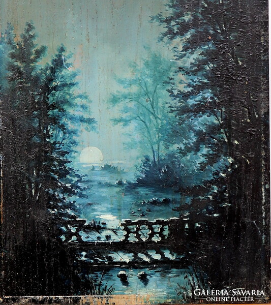 Landscape in moonlight, oil painting