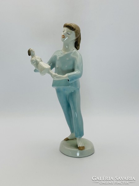 Hollóházi porcelán figura - Lány babával