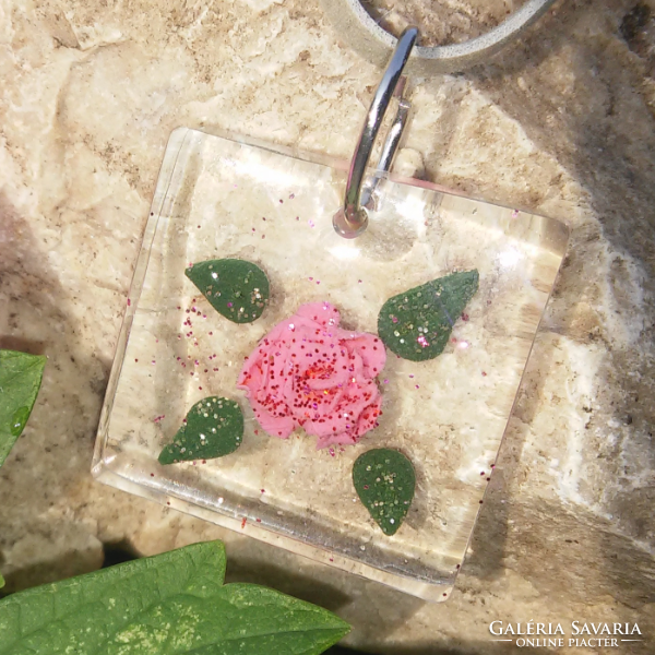 Pink rose resin square pendant