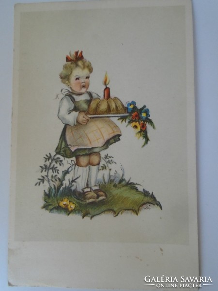 D198034 postcard - New Year card - little girl with kuglóf 1930-40's