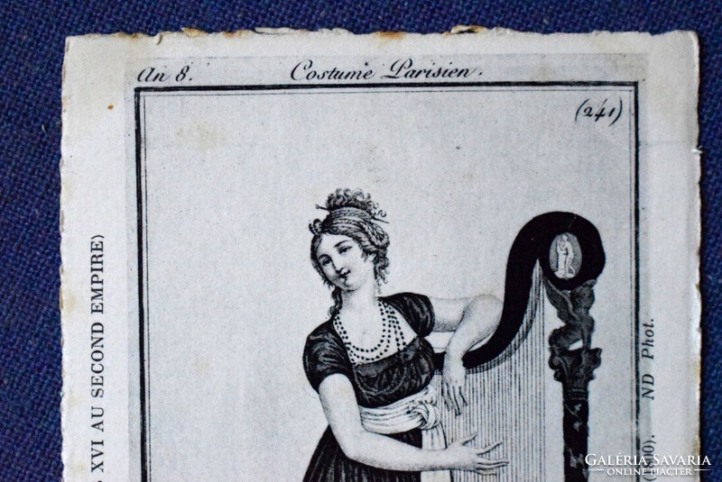 After an antique fashion historical French postcard engraving, a Parisian lady wears 1800