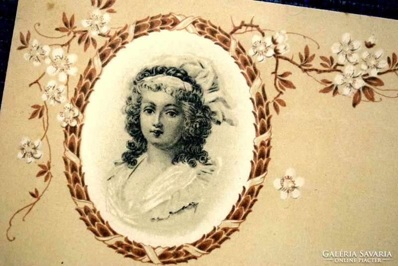Antik üdvözlő képeslap hölgy portré medalionban