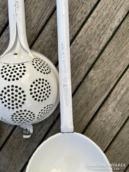 Old white enamel ladle, filter ladles