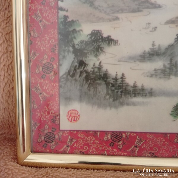 3 db aranykeretes, üvegezett kínai tájkép nyomat, 45 x 31,5 cm