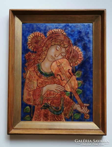 Vitus lőrincz enamel painting - girl with a violin