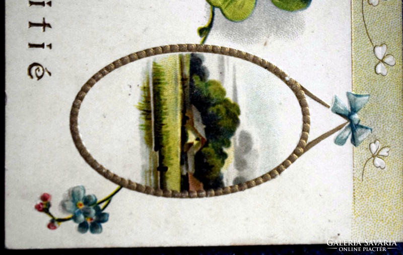 Antique embossed litho greeting card 4-leaf clover in medallion landscape