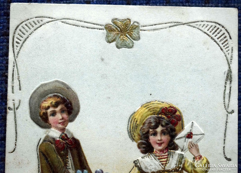 Antique embossed litho greeting card baby girl baby boy gold basket forget-me-not 4-leaf clover