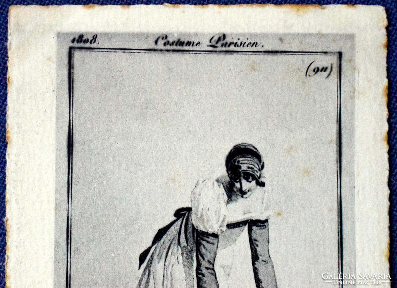 Antik divattörténeti francia képeslap metszet után  Párizsi hölgy viselete 1808