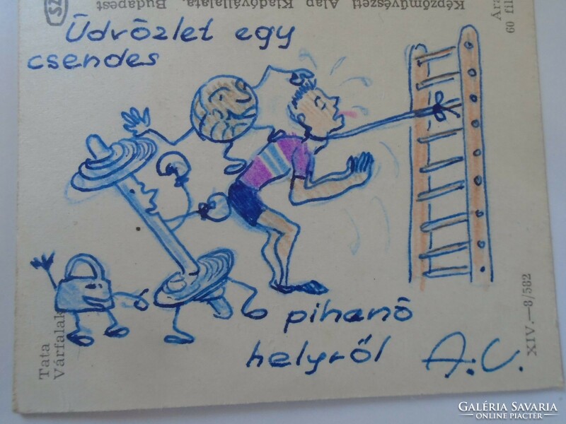 D197997 postcard Tata castle walls - humorous drawing from the training camp 1959