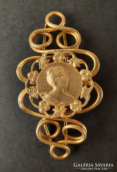 Art Nouveau copper belt decoration, with a woman's head, bijou