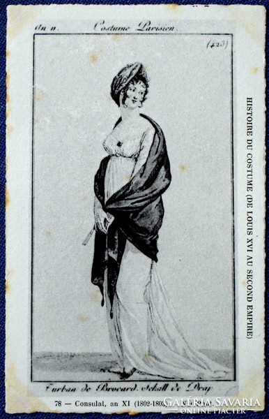 Antik divattörténeti francia képeslap metszet után  Párizsi hölgy viselete 1802-1803