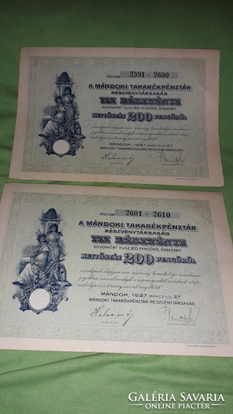 Antique 1927. Mándoki savings bank r.T. 2 X 200 pengő serial number tracking shares in one as shown in the pictures