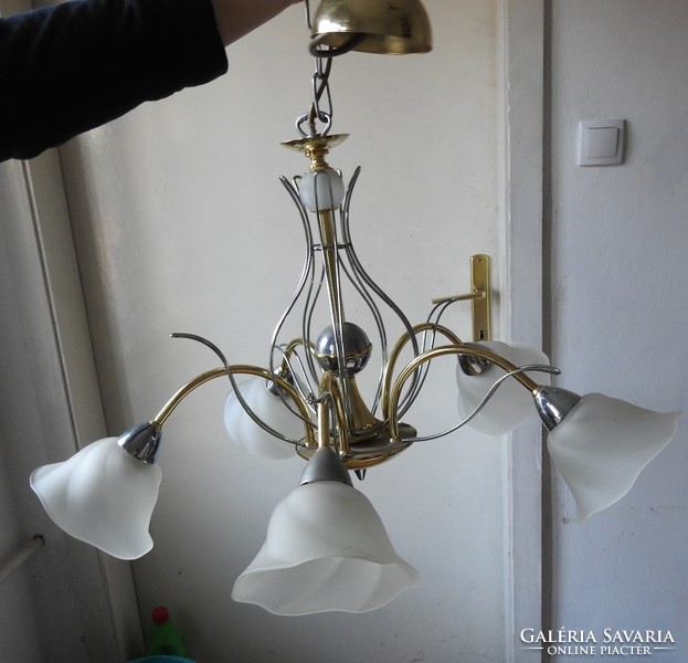 Eglo - elegant gold - silver five-pronged chandelier lamp with milk glass flowerpot with shades