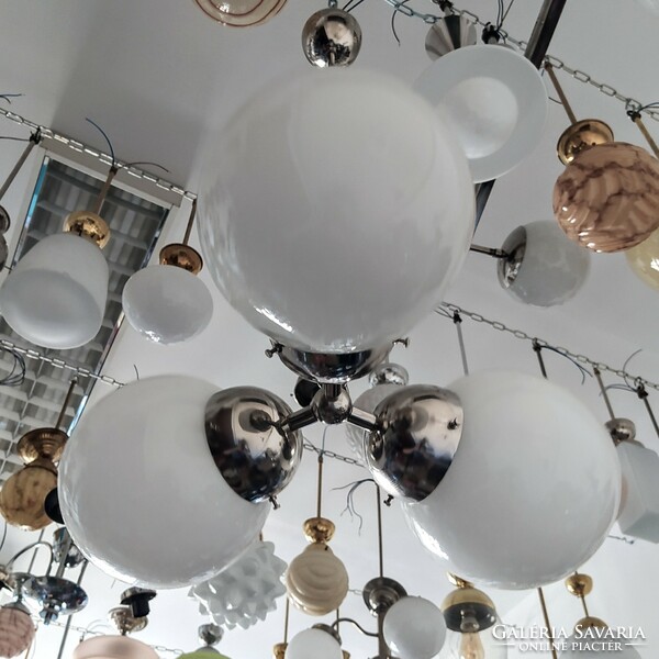 Bauhaus - art deco 3-arm, nickel-plated chandelier renovated - milk glass spherical shade