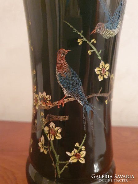 Black lacquered wood with old mother-of-pearl inlay, vase with a bird motif, 24 cm