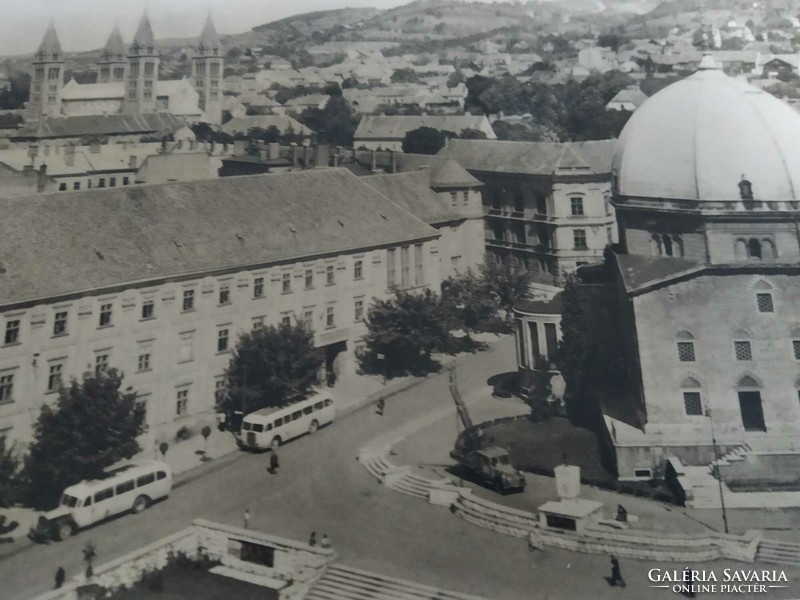 Old postcard, Pécs, panorama, postage stamp
