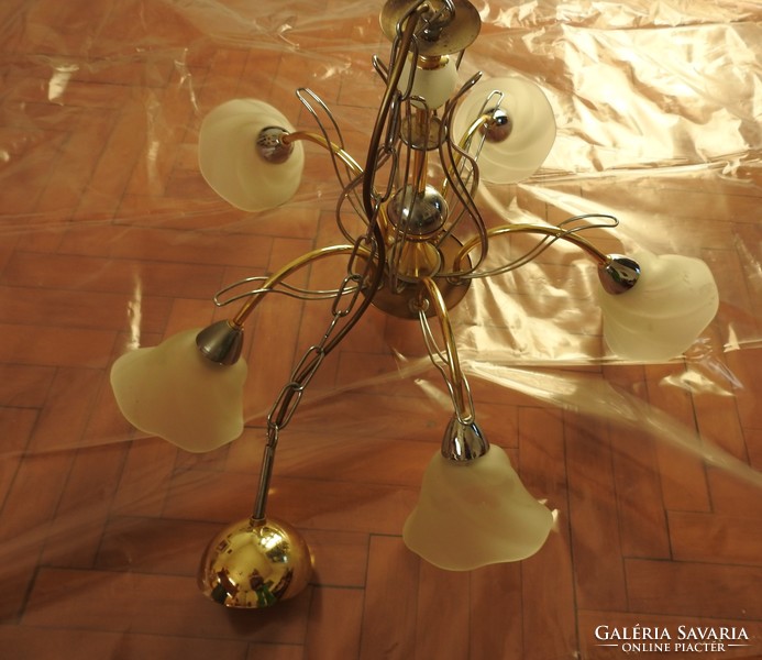 Eglo - elegant gold - silver five-pronged chandelier lamp with milk glass flowerpot with shades