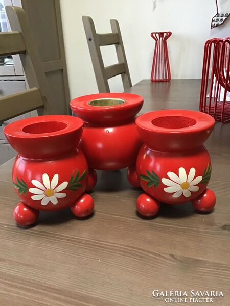 Old Swedish hand-painted wooden candlesticks or candle holders 3 in one