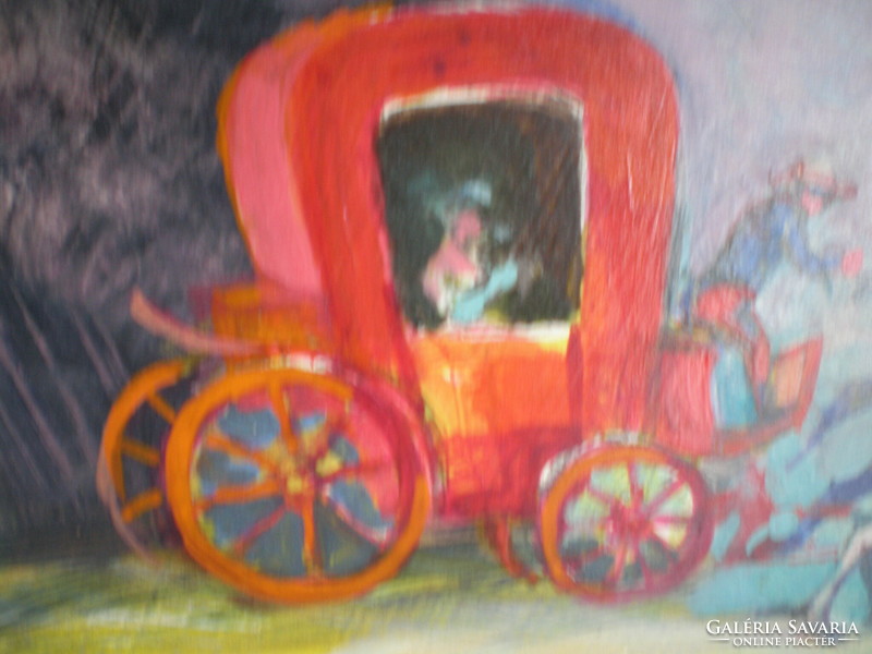 STRISSOWSZKY SZILÁRD , Őszi utazások a vörös postakocsin .Festmény 70X 50 cm