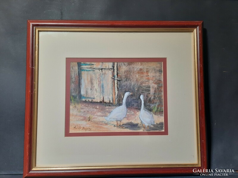 Heidi Beyers: two geese in the yard - marked pastel