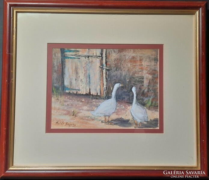 Heidi Beyers: two geese in the yard - marked pastel
