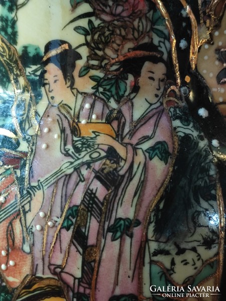Gazdagon aranyozott díszített jelenetes füles antik kínai porcelán váza