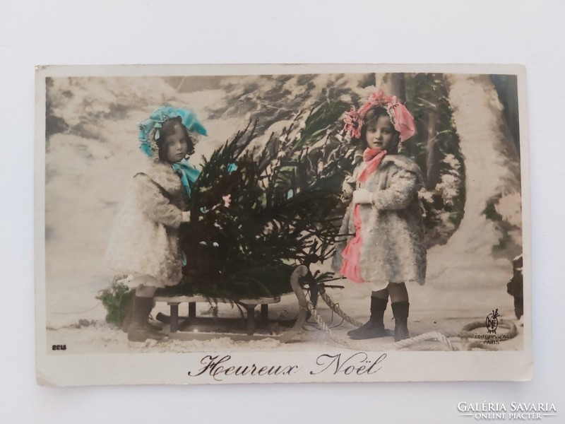 Régi karácsonyi képeslap fotó levelezőlap kislányok szánkó