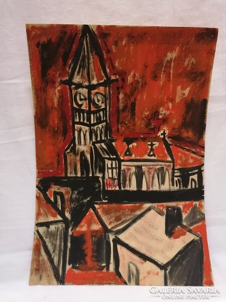" Vörös templom " karton - tempera festmény