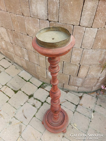 Antique pewter wooden candle holder
