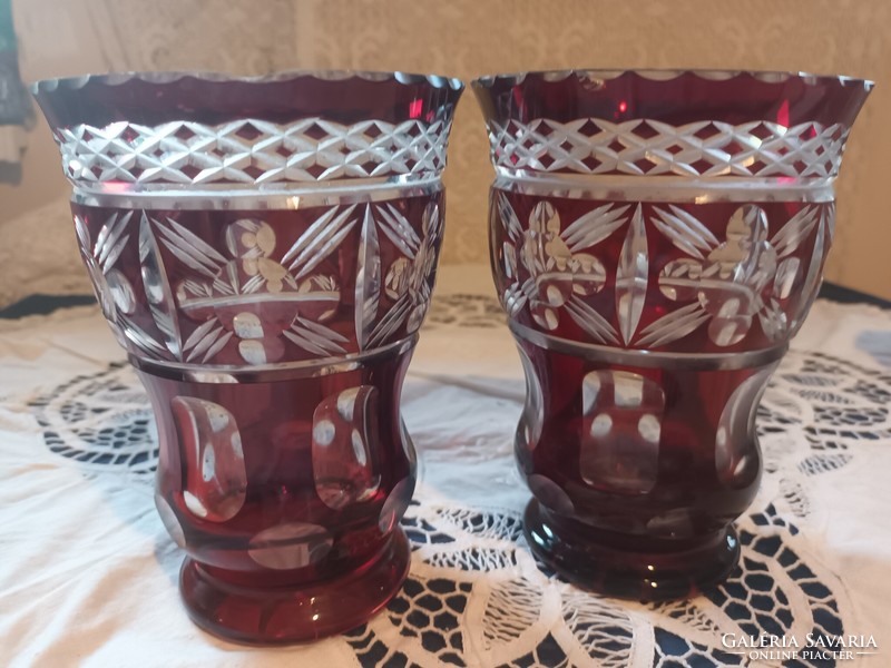 Nice and cheap! Pair of old lead crystal red stained laminated glass vases for sale!